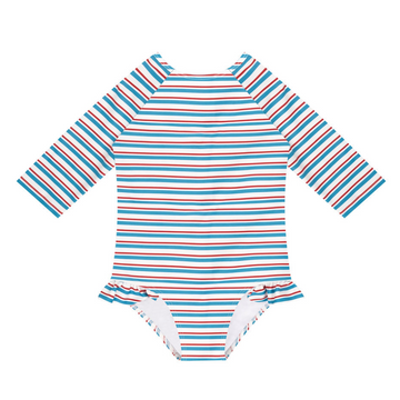 girls jetty stripe quarter sleeve rashguard one piece
