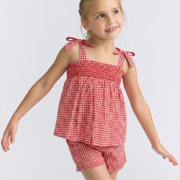 girls cranberry gingham smocked tank and short set