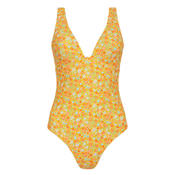 women's marigold floral v-neck one piece