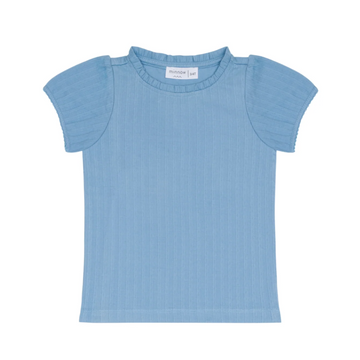 girls dusk blue ruffle pointelle puff sleeve shirt