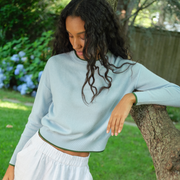 women's blue cashmere cropped crewneck sweater
