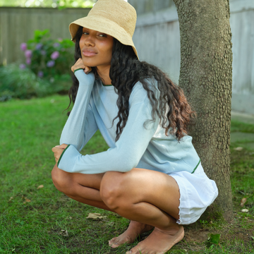 women's blue cashmere cropped crewneck sweater