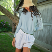 womens white linen scalloped short