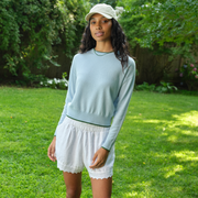 womens white linen scalloped short