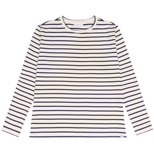 women's cream and navy stripe long sleeve tee