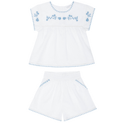 girls white embroidered cap sleeve top and short set