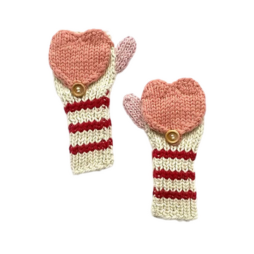 ivory & pink fingerless heart mittens