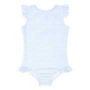 girls powder blue stripe ruffle cap sleeve one piece