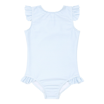 girls powder blue stripe ruffle cap sleeve one piece