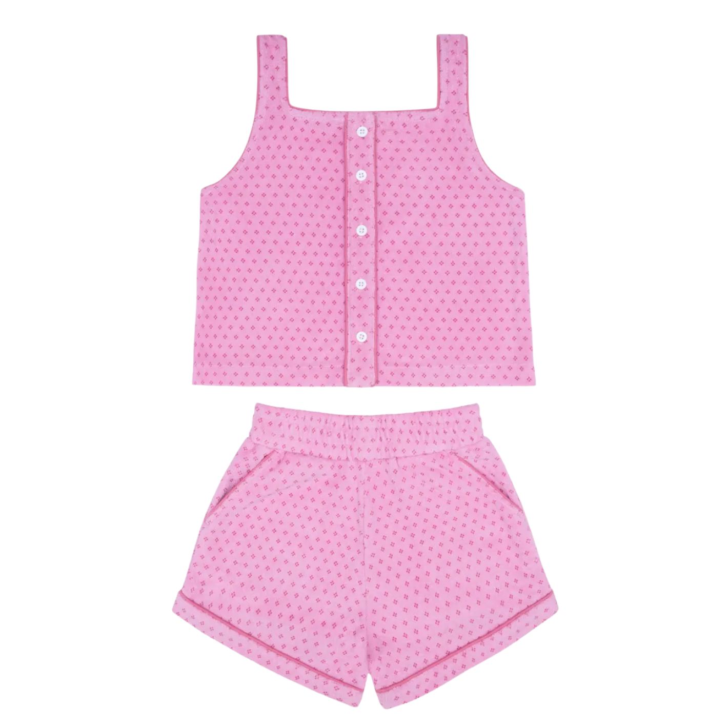 girls blush dot french terry button tank and short set