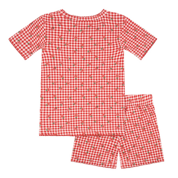 girls cranberry gingham shirt and short pima pajamas set