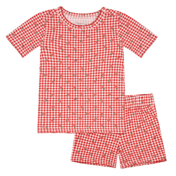 girls cranberry gingham shirt and short pima pajamas set