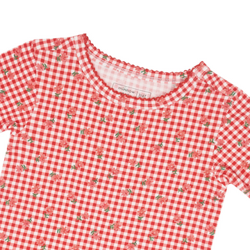 girls cranberry gingham shirt and short pima pajamas set