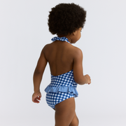 girls navy picnic gingham ruffle halter one piece