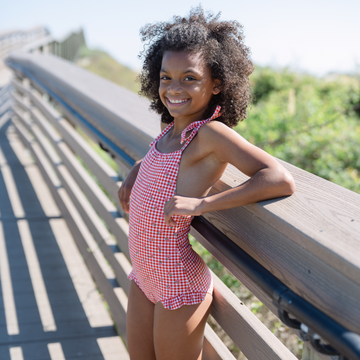 girls cranberry gingham one piece
