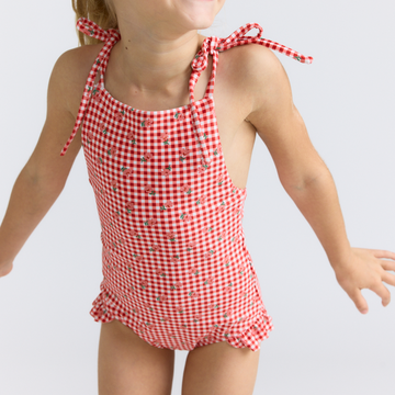 girls cranberry gingham one piece