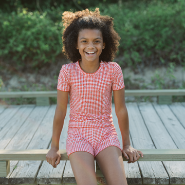girls cranberry gingham shirt and short pima pajamas set