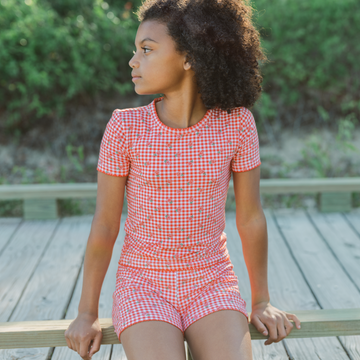 girls cranberry gingham shirt and short pima pajamas set