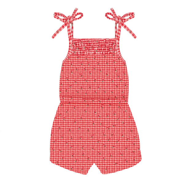 girls cranberry gingham french terry romper – minnow