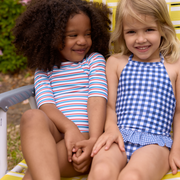 girls navy picnic gingham ruffle halter one piece