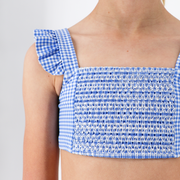 girls sky blue gingham smocked ruffle strap bikini