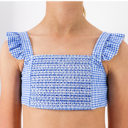 girls sky blue gingham smocked ruffle strap bikini