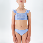 girls sky blue gingham smocked ruffle strap bikini