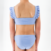 girls sky blue gingham smocked ruffle strap bikini