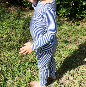 unisex navy stripe pima pajamas set