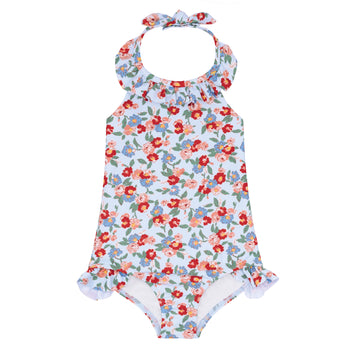 girls scarlet floral ruffle halter one piece