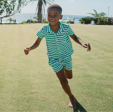 boys bermuda green stripe french terry button up