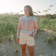 women's light blue and peach stripe cropped knit cardigan