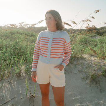 women's light blue and peach stripe cropped knit cardigan