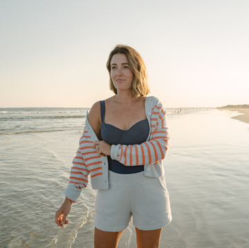 women's light blue and peach stripe cropped knit cardigan