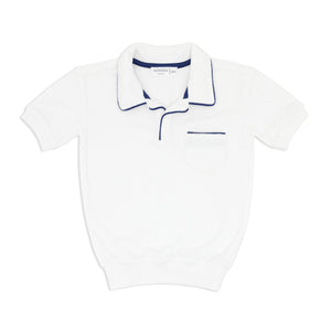 unisex white french terry polo with navy trim