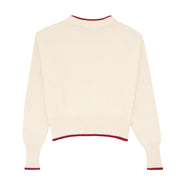 women's cream cropped knit sweater with red trim