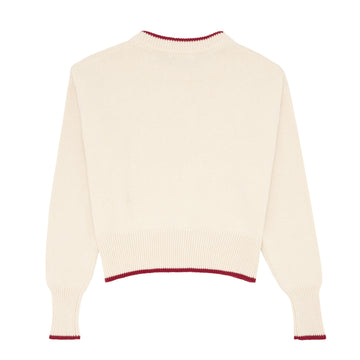 women's cream sweater with red trim