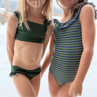 girls evergreen with white trim ruffle strap bikini