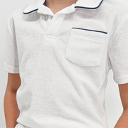 unisex white french terry polo with navy piping