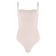 women's brown crinkle gingham low back one piece
