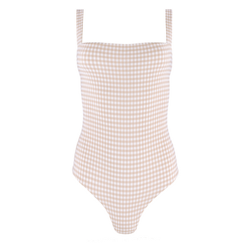 women's brown crinkle gingham low back one piece