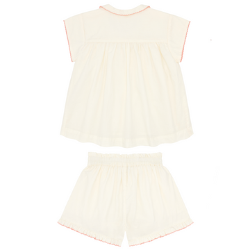 girls crème collared top with ruffle short set