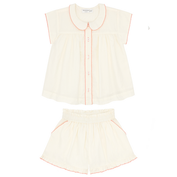 girls crème collared top with ruffle short set