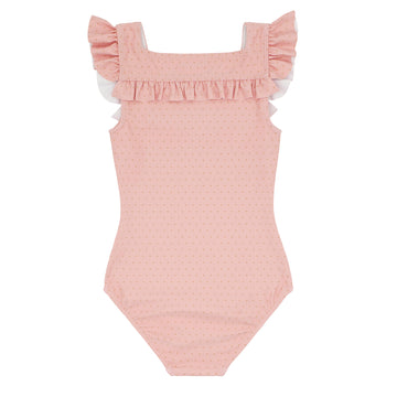 girls camellia pink dot square neck ruffle one piece