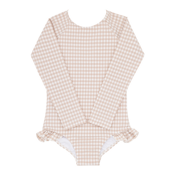 girls brown crinkle gingham rashguard one piece