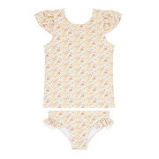 girls marigold floral ruffle cap sleeve rashguard set