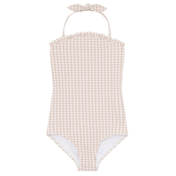 girls brown crinkle gingham halter one piece