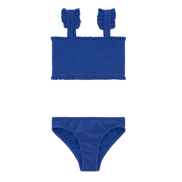 girls cove blue terry ruffle strap diamond smocked bikini