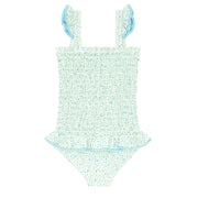 girls hibiscus ditsy smocked one piece with ruffled skirt