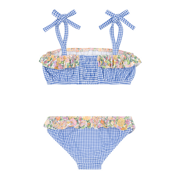 girls sky blue gingham bandeau tie strap bikini